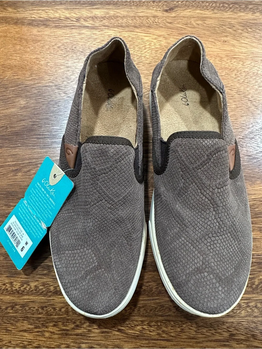 Olukai Pehuea Leather Dk Java Slip On ‘Clay Snake’ Sneakers  Womens Sz 6 BNWT DS